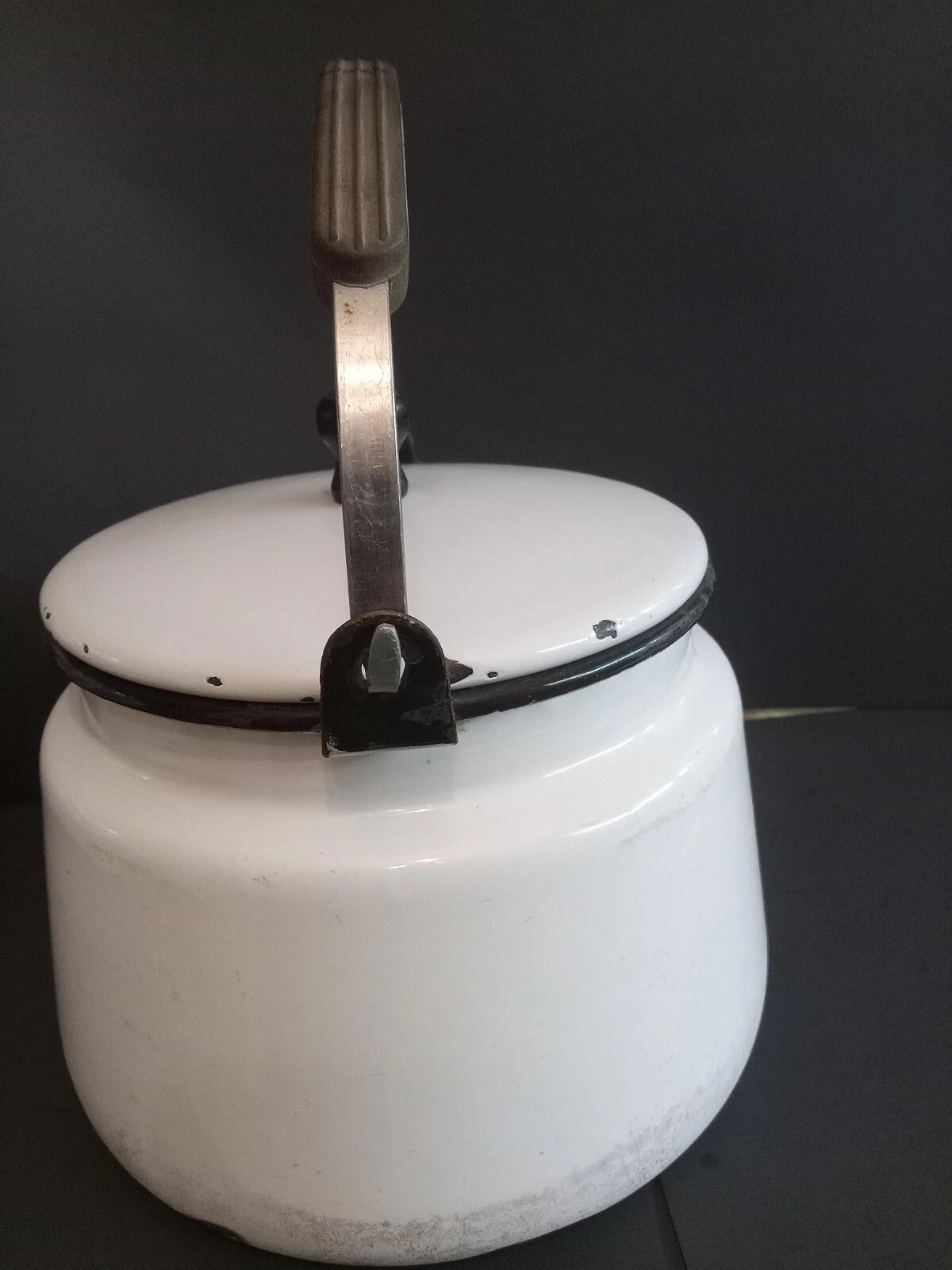 Vintage White Enamelware Tea Kettle Teapot/ Black Trim