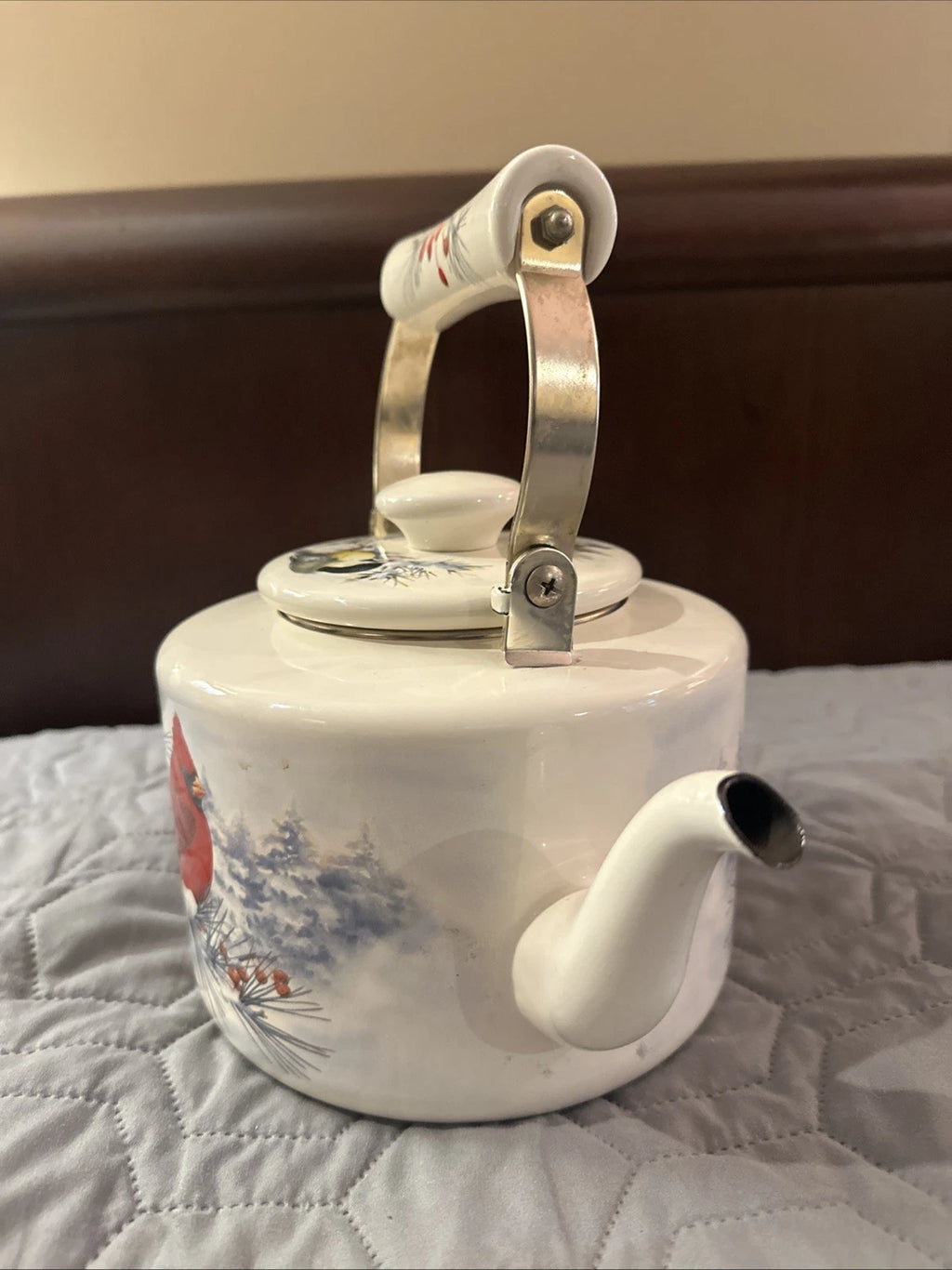 Lenox Winter Greetings Scenic Enamel Tea Kettle Cardinals Chickadee Holiday