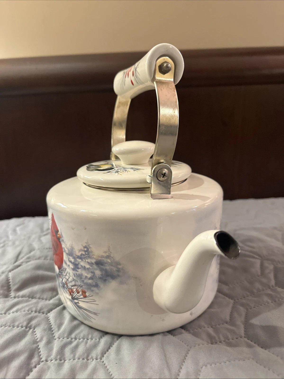 Lenox Winter Greetings Scenic Enamel Tea Kettle Cardinals Chickadee Holiday