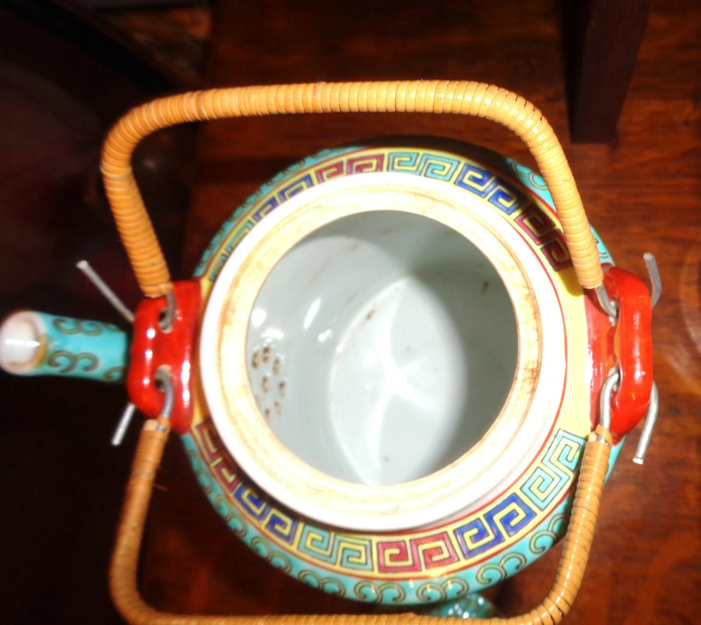 Vtg Chinese Porcelain Famille Verde Enamel Floral Motif Teapot, 6 1/2" W/O Handl