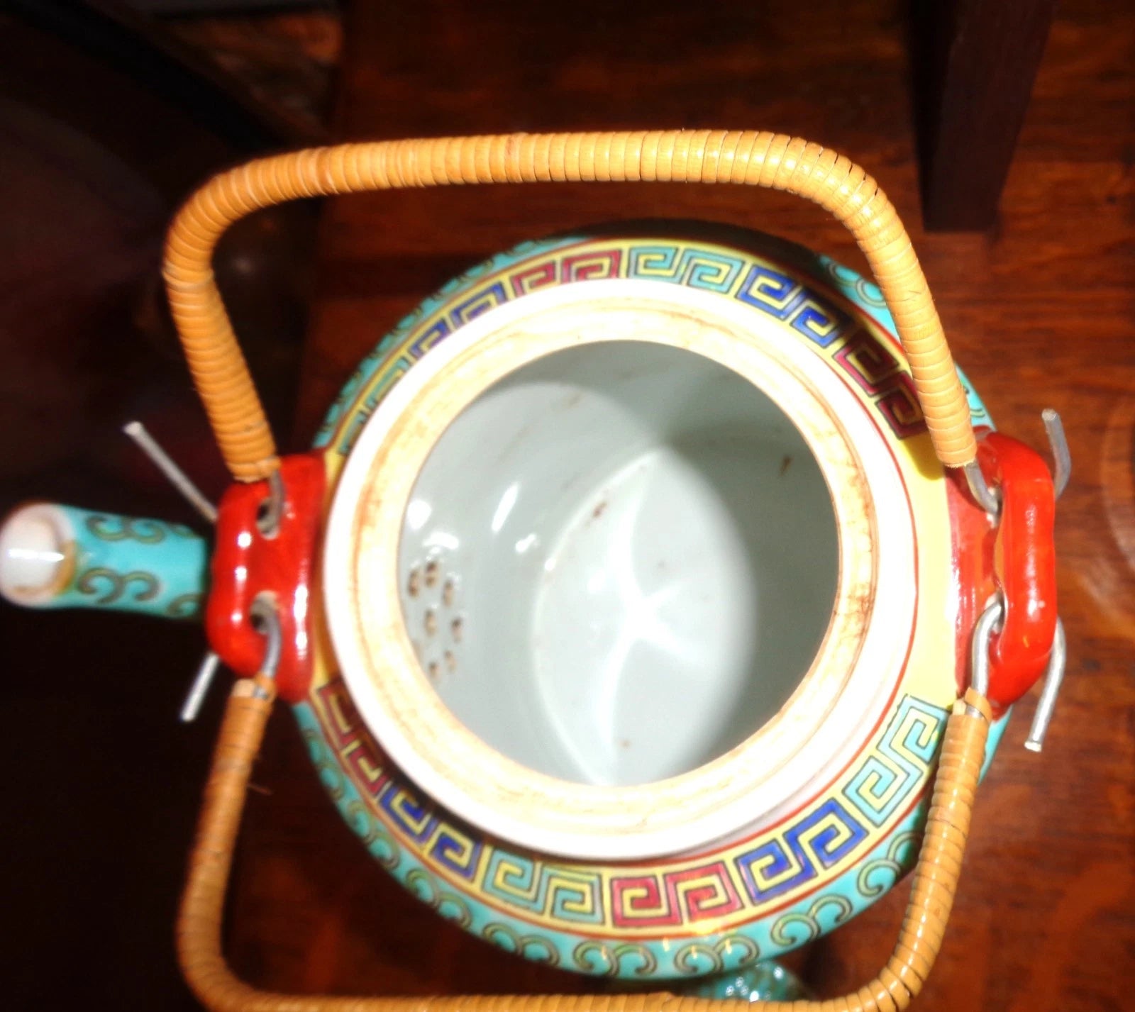 Vtg Chinese Porcelain Famille Verde Enamel Floral Motif Teapot, 6 1/2" W/O Handl