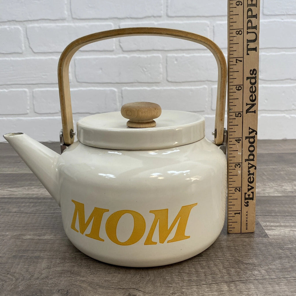 Vintage Beige Enamel Ware Mom Tea Pot Kettle Wood Handle Retro MCM Mother’s Day