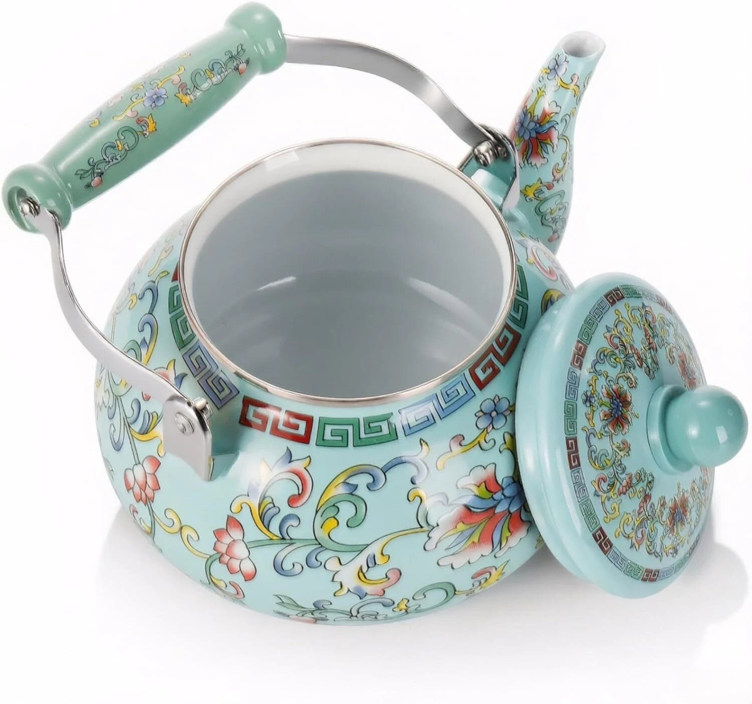2.6 Quart Floral Enamel Tea Kettle, Vintage Enameled Teapot Stovetop, Enamel on