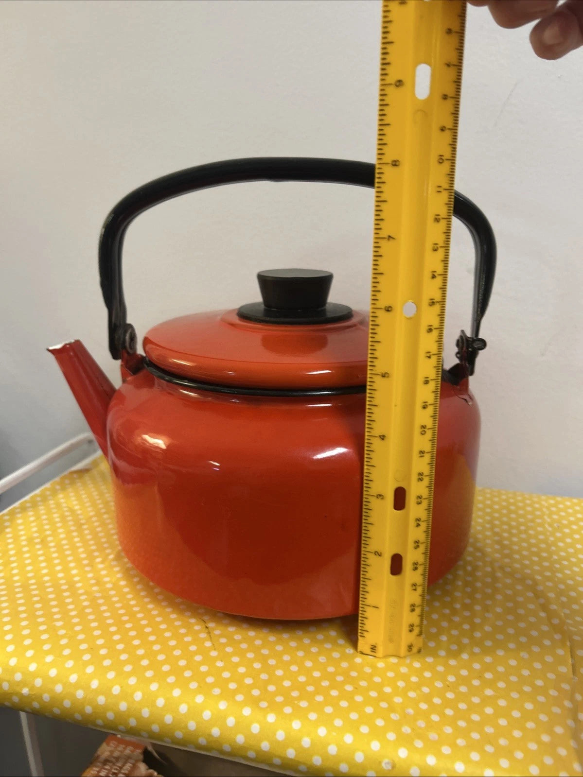 Vintage Orange Black Enamelware Tea Pot Kettle Mod Kitchen Retro 2.5QtPoland MCM