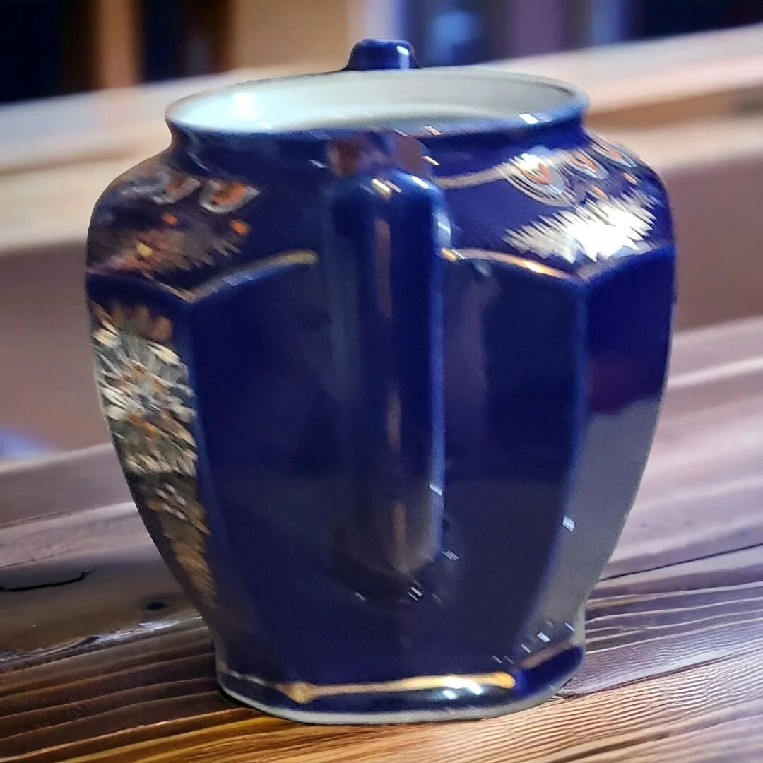 Vtg Seiei & Co Cobalt Blue Hand Painted Floral Blossom Enamel Teapot Japan