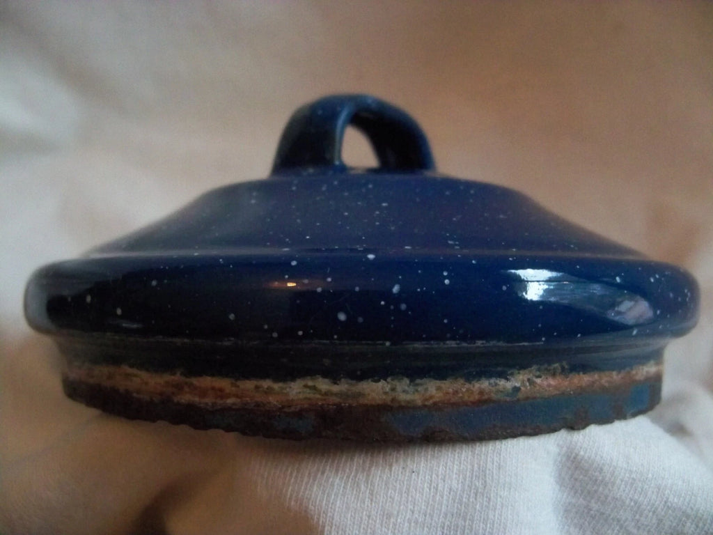 Vtg Blue White Speckled Enamelware Teapot kettle, wire wrap handle, from auction