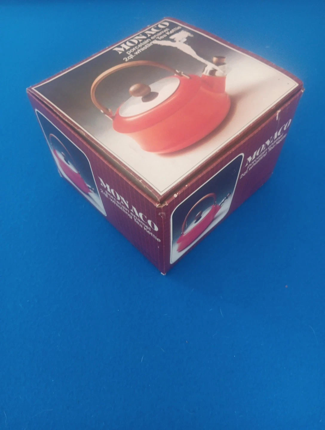 Retro Monaco Porcelain Enamel 2qt Whistling Red Tea Kettle  Vntg 1983 New In Box