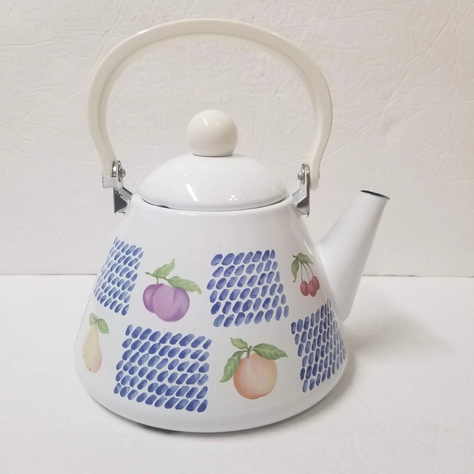 White Enamel Teapot Fruit Pear Cherries Plum Peach Blue 2 Qt Decorative Tea Pot | eBay