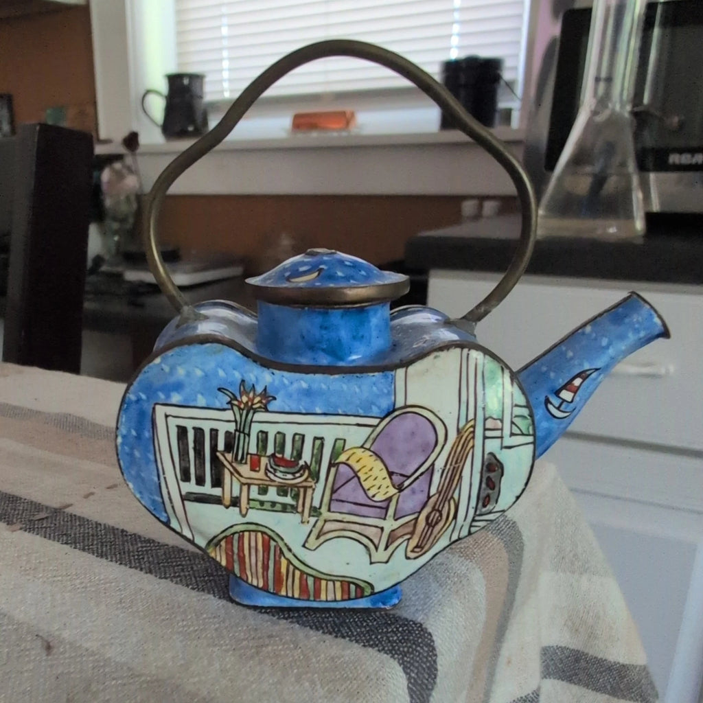 Vintage Miniature Enamel Blue Teapot Empress Arts Guitar Sailboat Flowers Couch