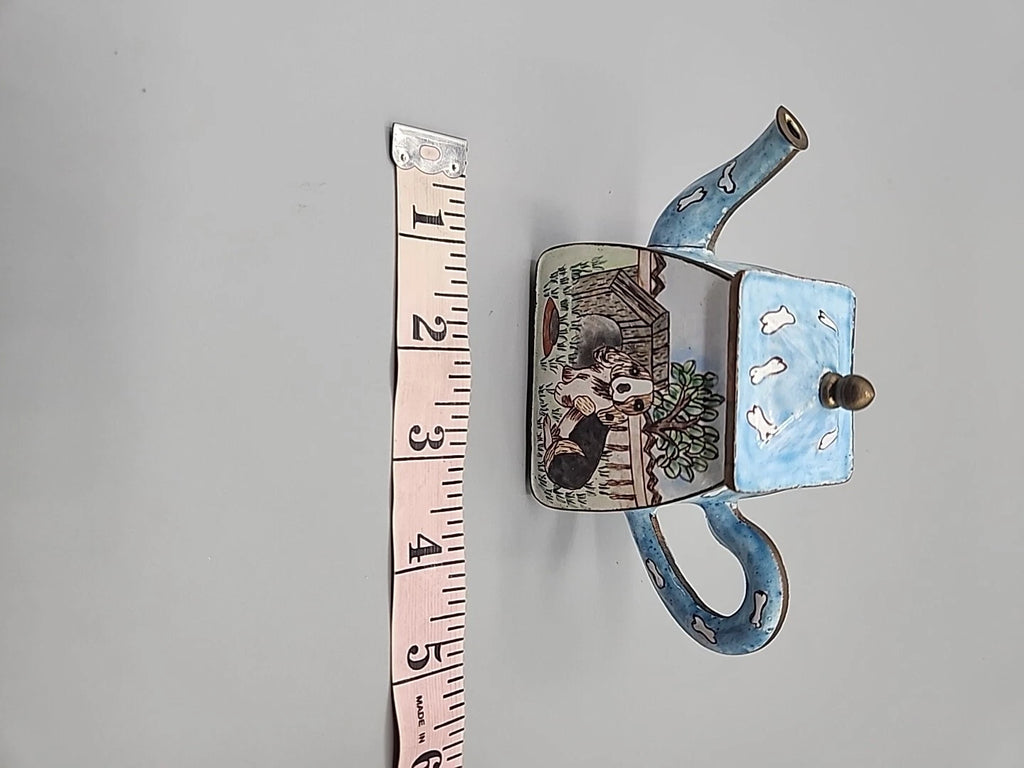 Vintage Enamel on Brass Miniature Teapot Hound Dog Bone Dog Lover Rescue 5x2"