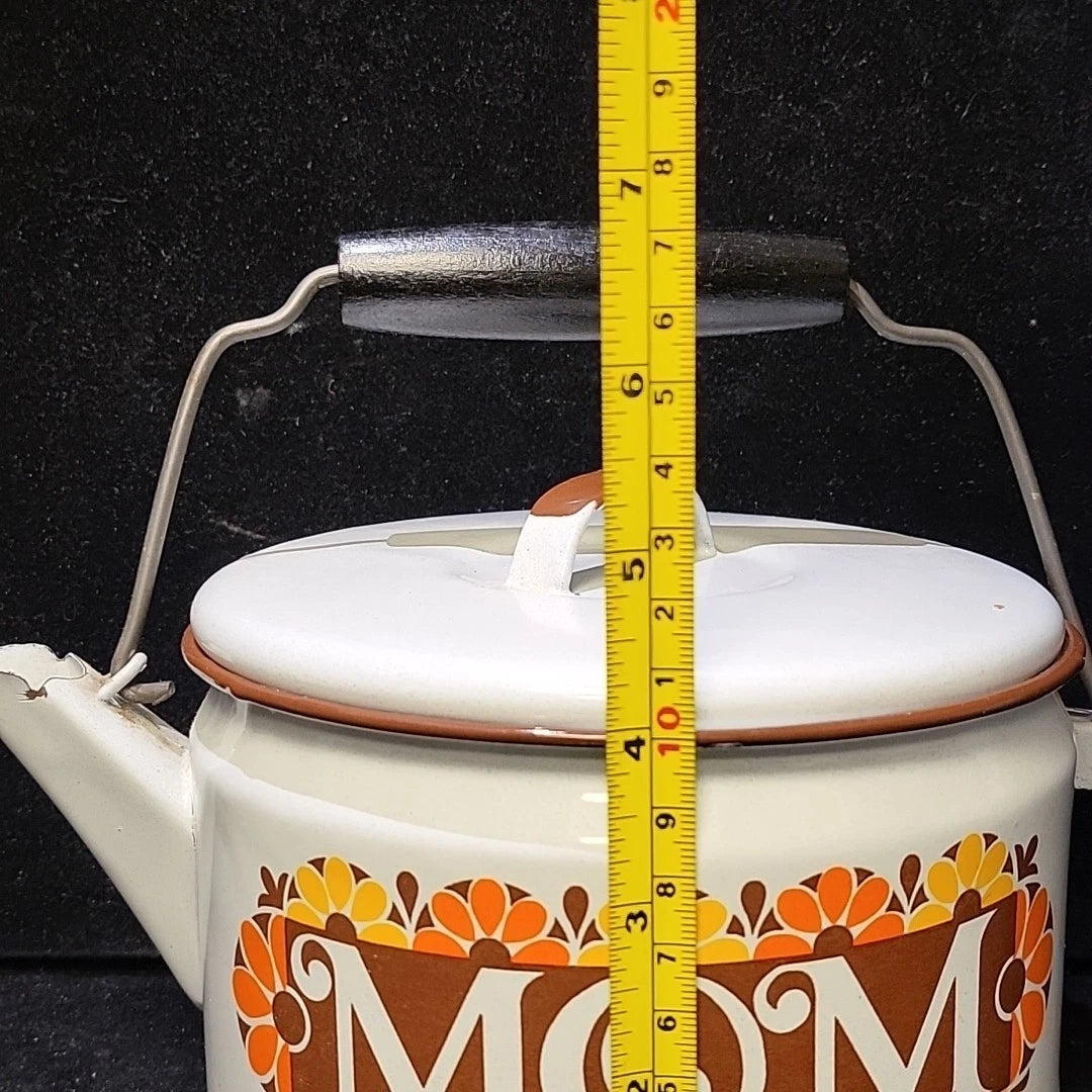 Vintage Enamelware White Teapot Tea Kettle MOM 70's Mother's Day Ideas