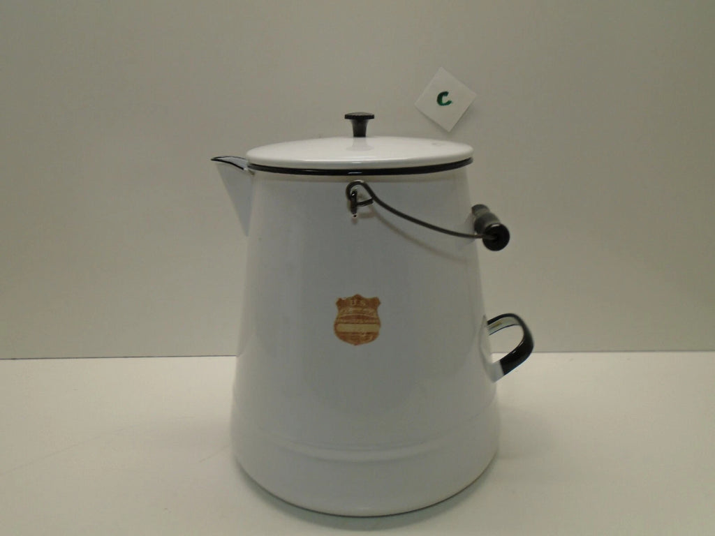 Vintage White Enamel Enamelware Cowboy Kettle/Coffee Tea Pot 12" Tall Lid  # C