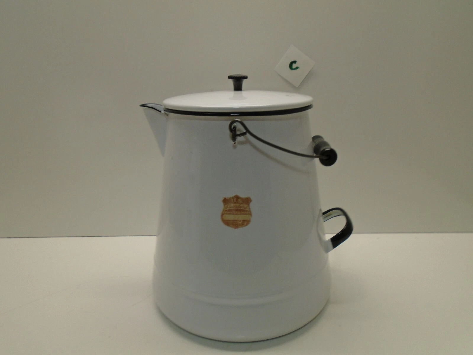 Vintage White Enamel Enamelware Cowboy Kettle/Coffee Tea Pot 12" Tall Lid  # C
