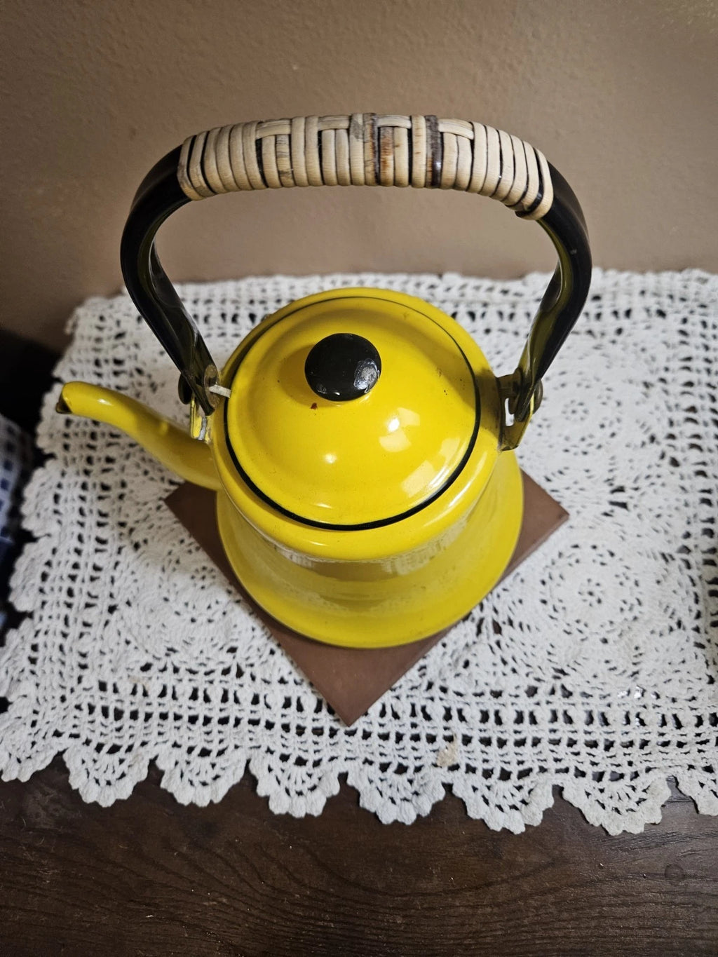 Vintage Enamelware Yellow Black Trim Tea Pot Coffee Pot