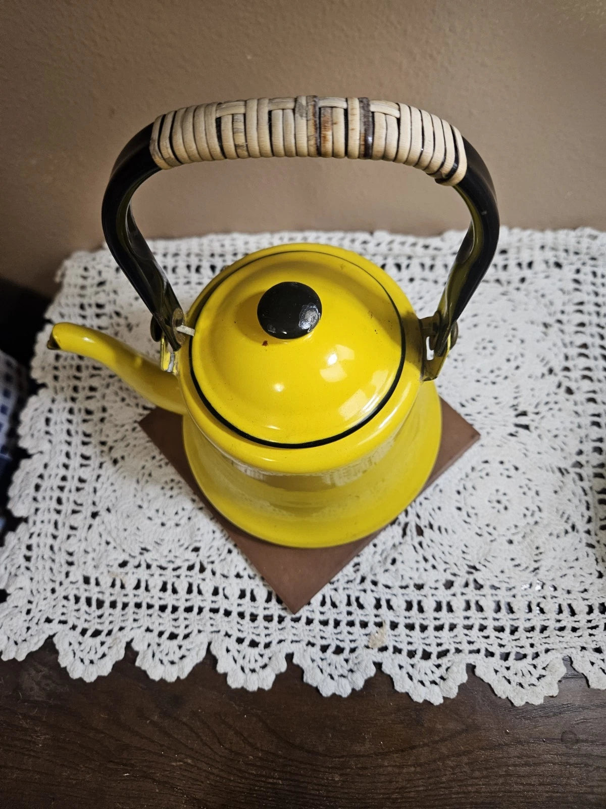 Vintage Enamelware Yellow Black Trim Tea Pot Coffee Pot