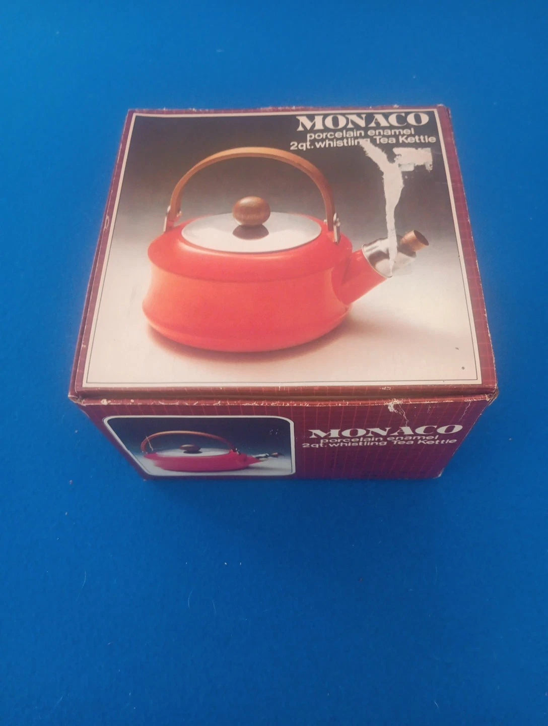Retro Monaco Porcelain Enamel 2qt Whistling Red Tea Kettle  Vntg 1983 New In Box
