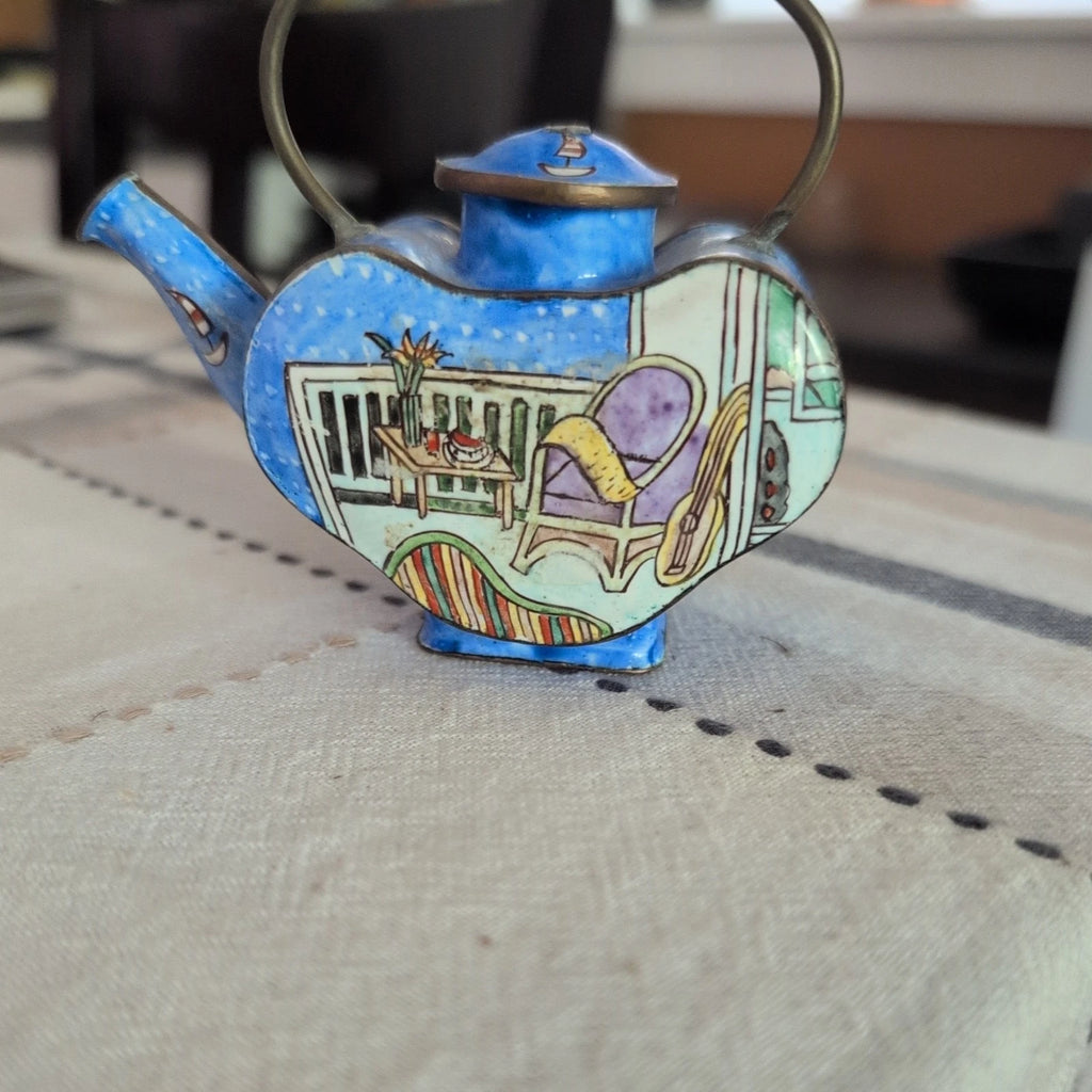 Vintage Miniature Enamel Blue Teapot Empress Arts Guitar Sailboat Flowers Couch