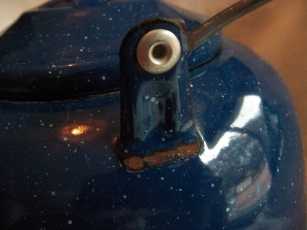 Vtg Blue White Speckled Enamelware Teapot kettle, wire wrap handle, from auction