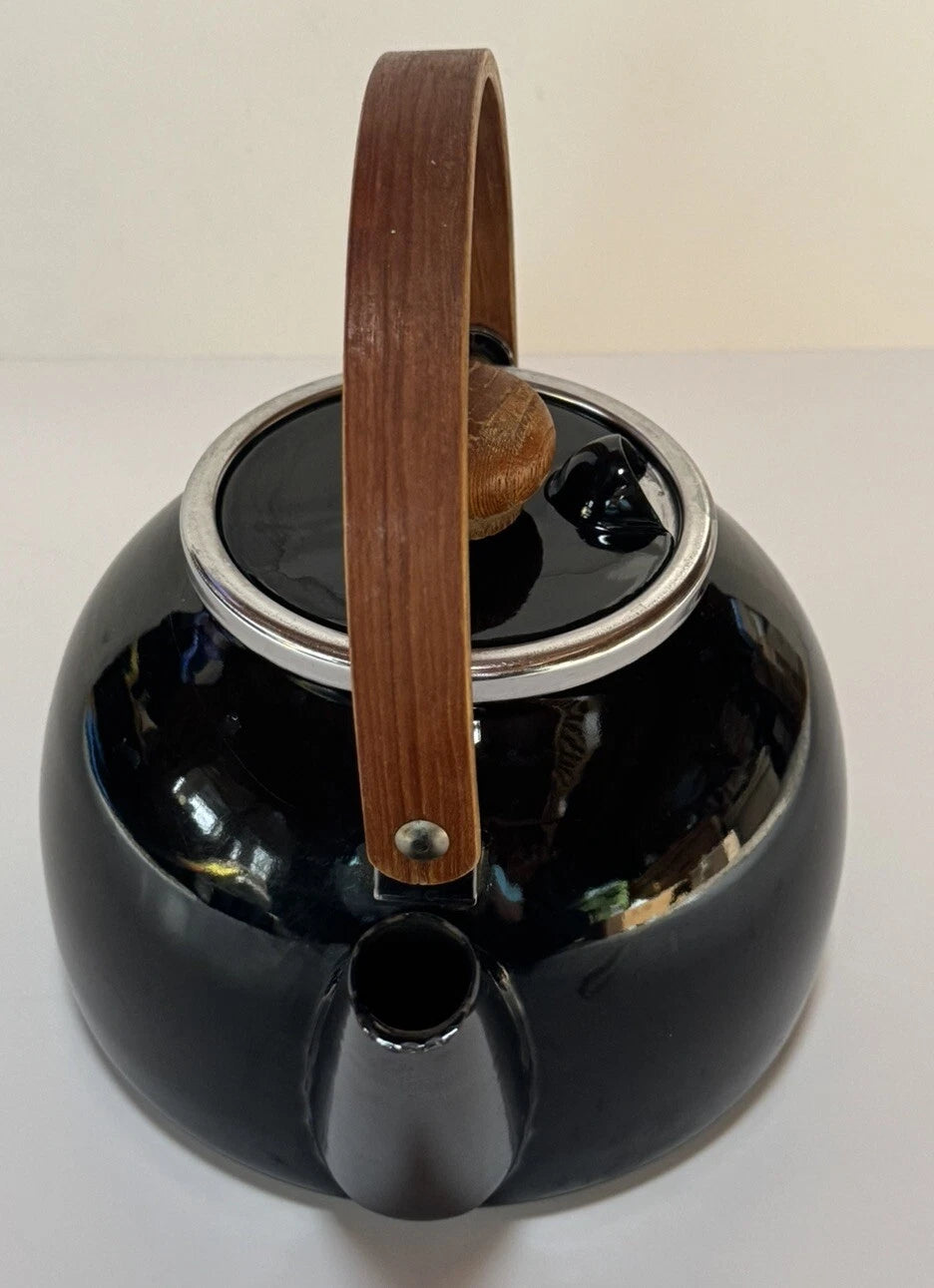 Vintage Black Enamel Teapot Tea Kettle with Lid Wood Handle & Knob MCM | eBay