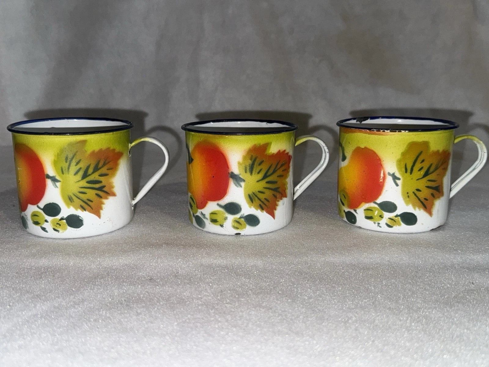 Vintage Enamel Ware Harvest Fruit Design Teapot and 6 Cups