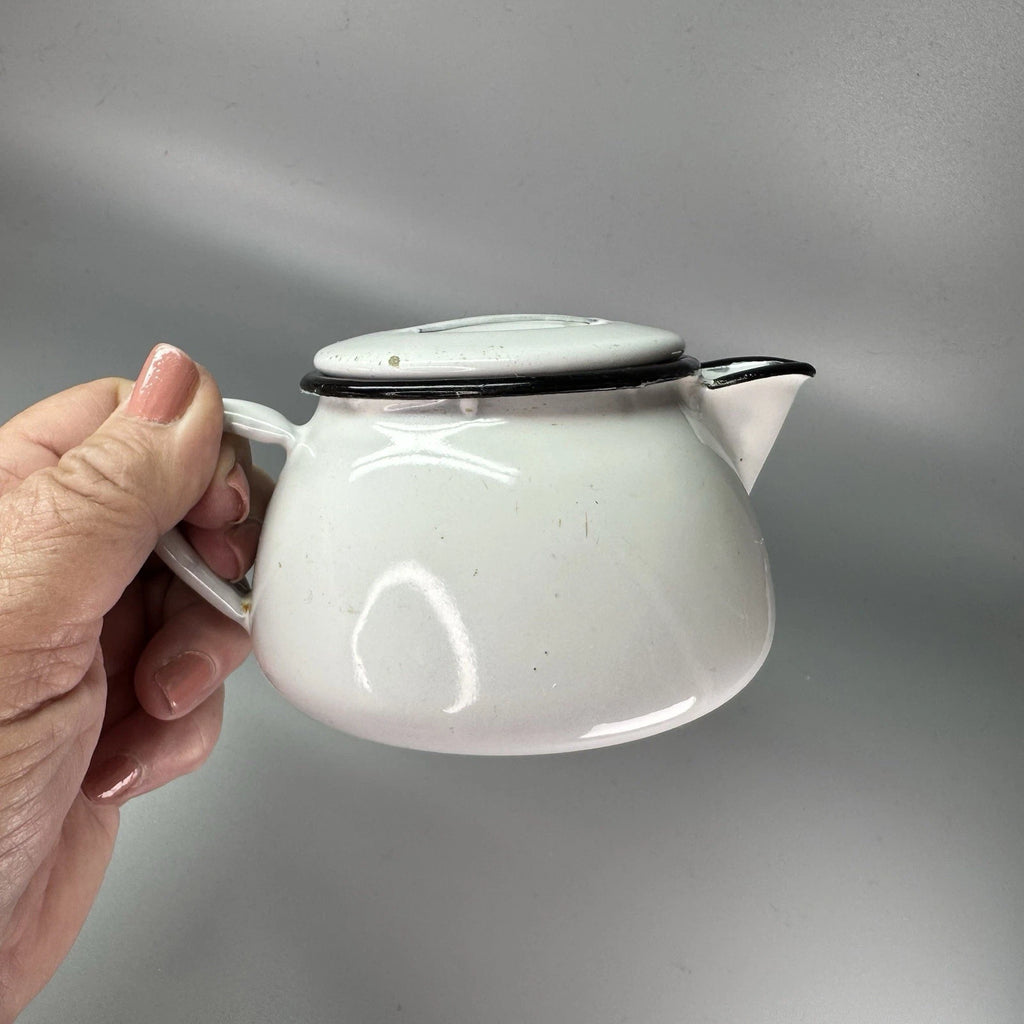 Vtg Enamelware SINGLE SERVE TEAPOT White Black Trim POLAR WARE? Small | eBay