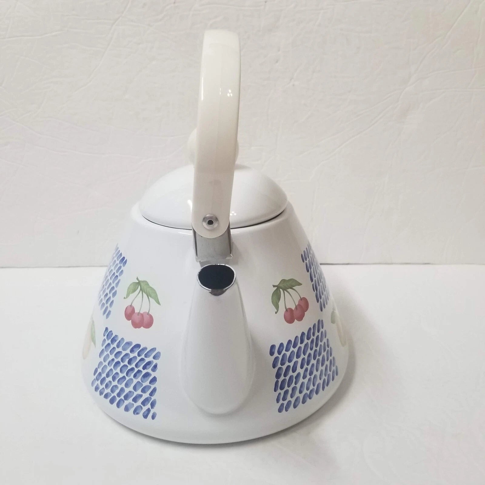 White Enamel Teapot Fruit Pear Cherries Plum Peach Blue 2 Qt Decorative Tea Pot | eBay