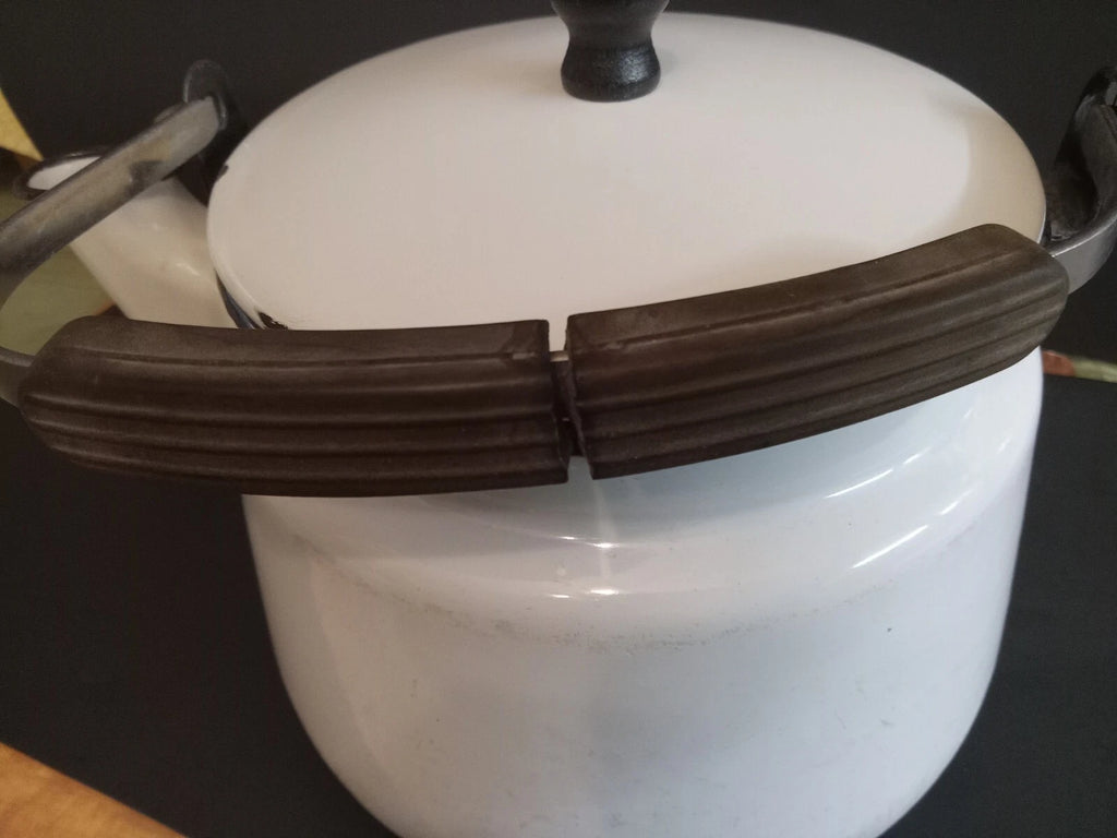 Vintage White Enamelware Tea Kettle Teapot/ Black Trim