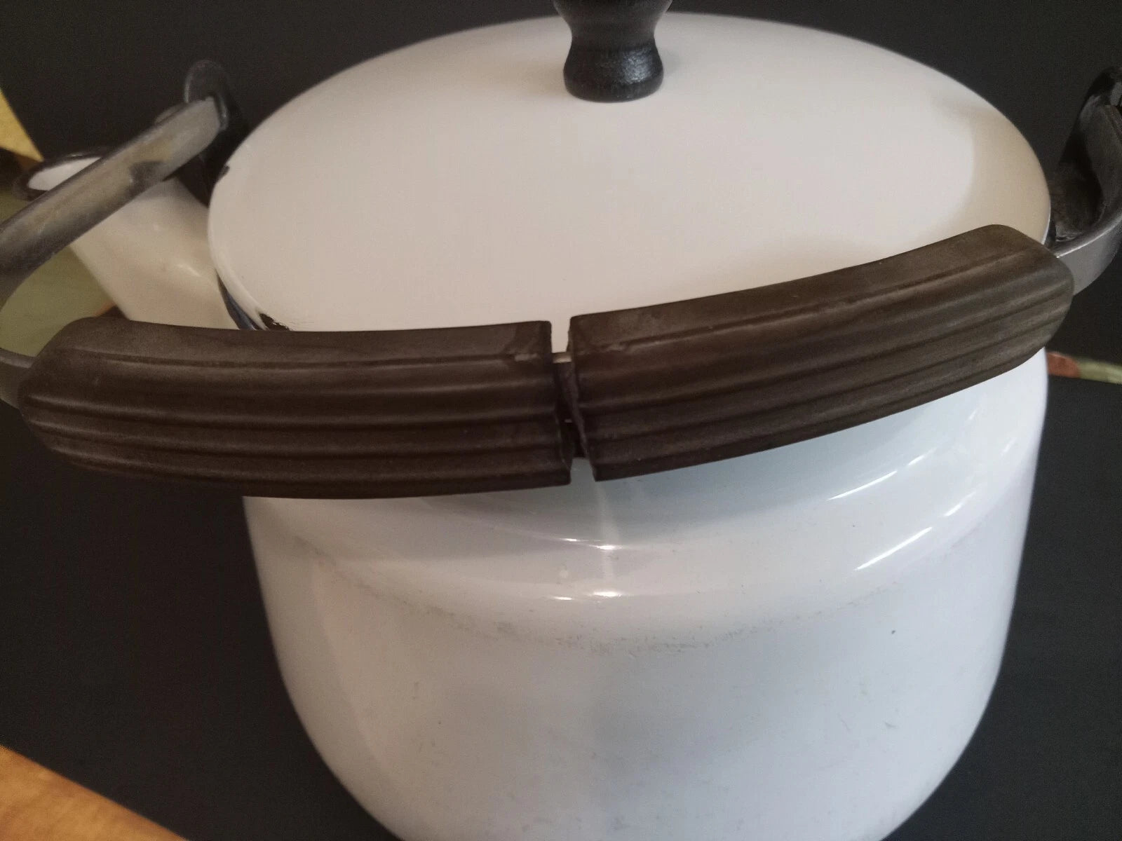 Vintage White Enamelware Tea Kettle Teapot/ Black Trim