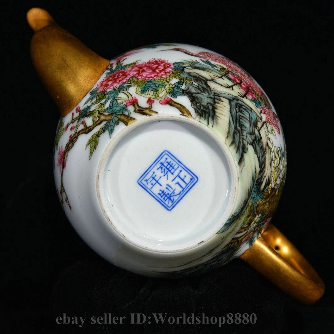 6.4"Yongzheng Marked Enamel Porcelain Gilt Flower Birds Tree Pattern Wine Teapot