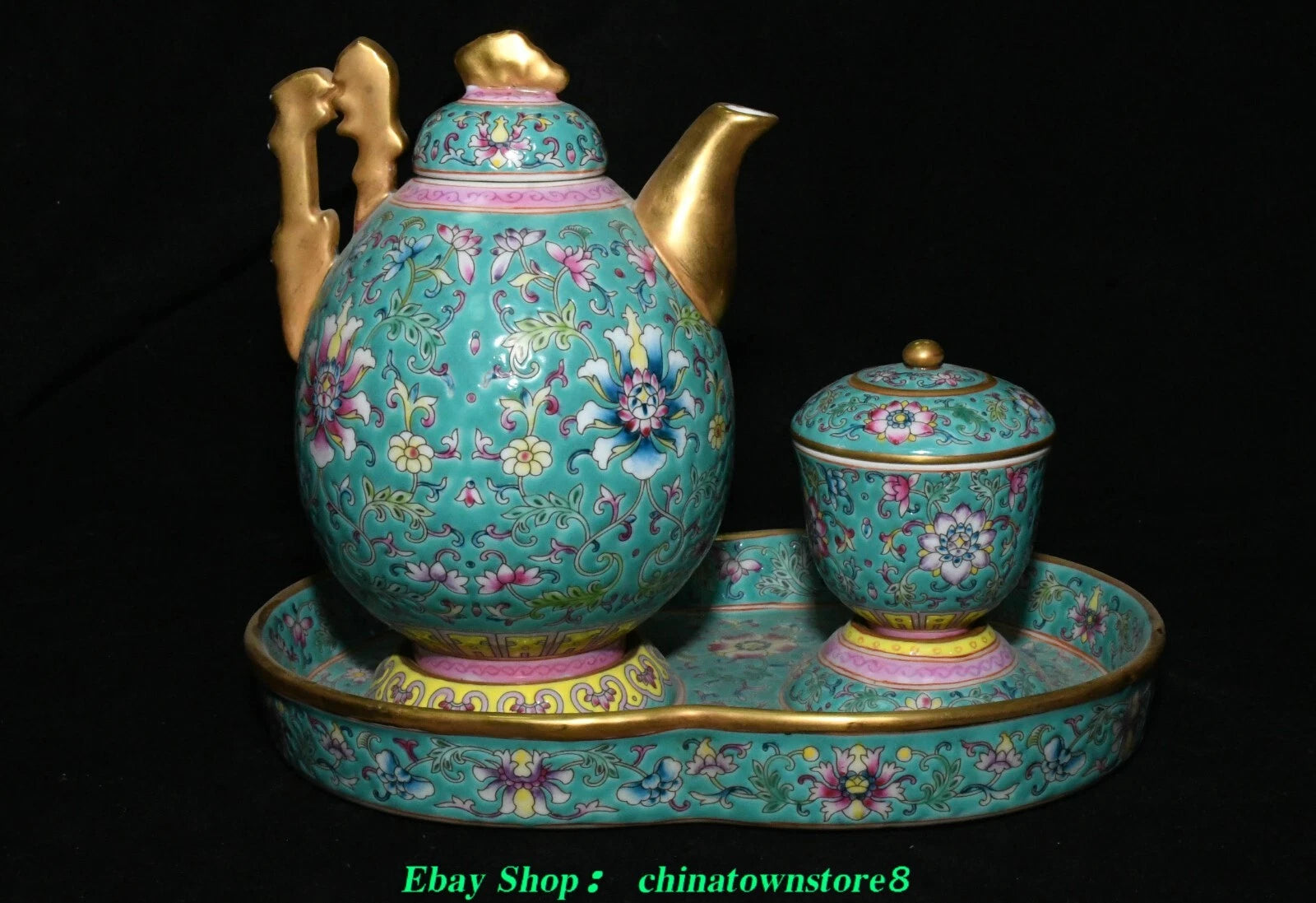 Old Qing Dynasty Enamel Colour Porcelain Gilt Flower Wine Tea Pot Flagon Set