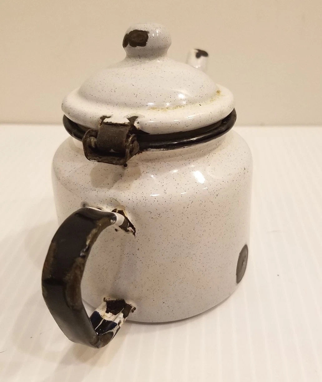 White with Speckles Small Individual Service Size Enamel Tea Pot, Black Handle
