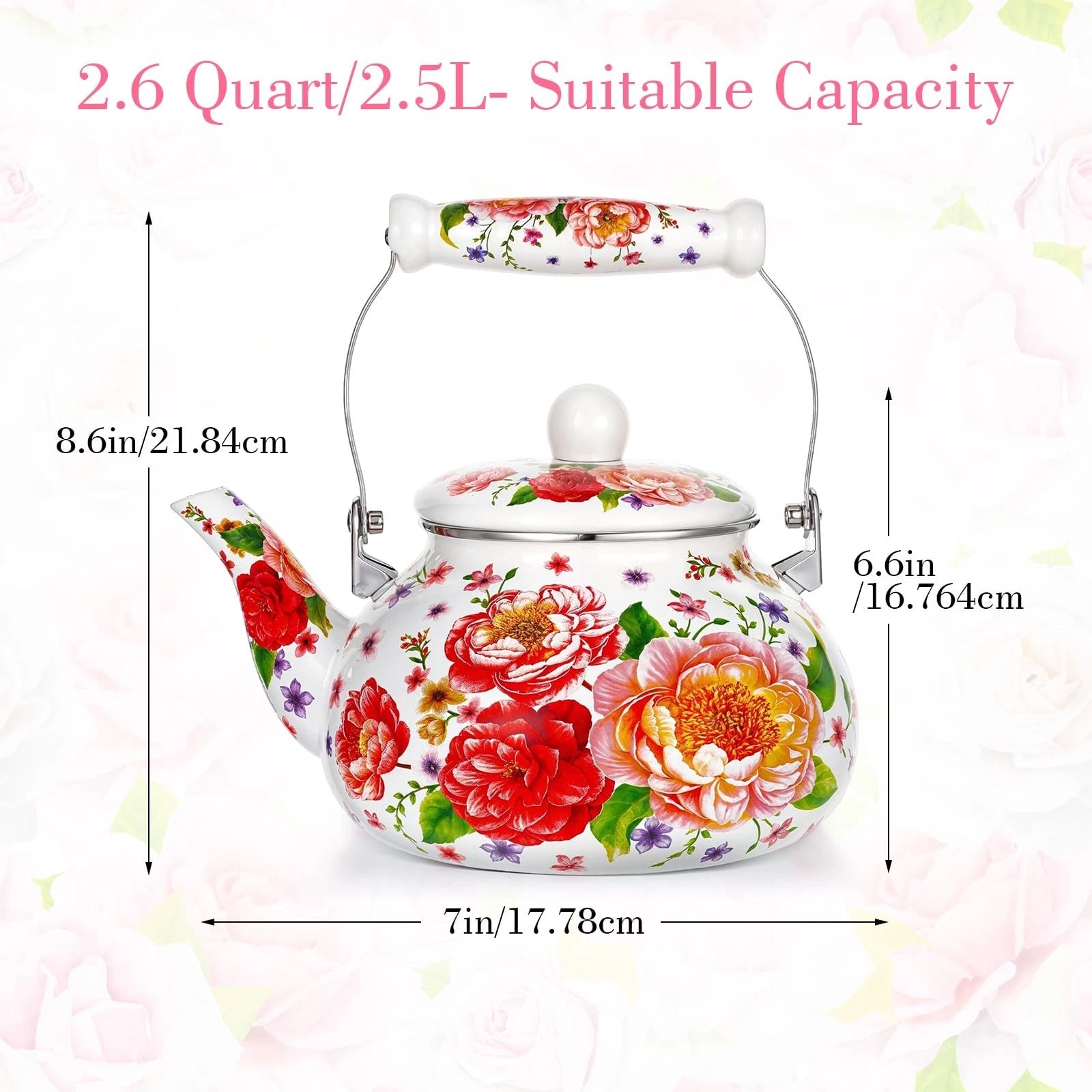 2.6 Quart Floral Enamel Tea Kettle, Vintage Enameled Teapot Stovetop, Enamel ... | eBay