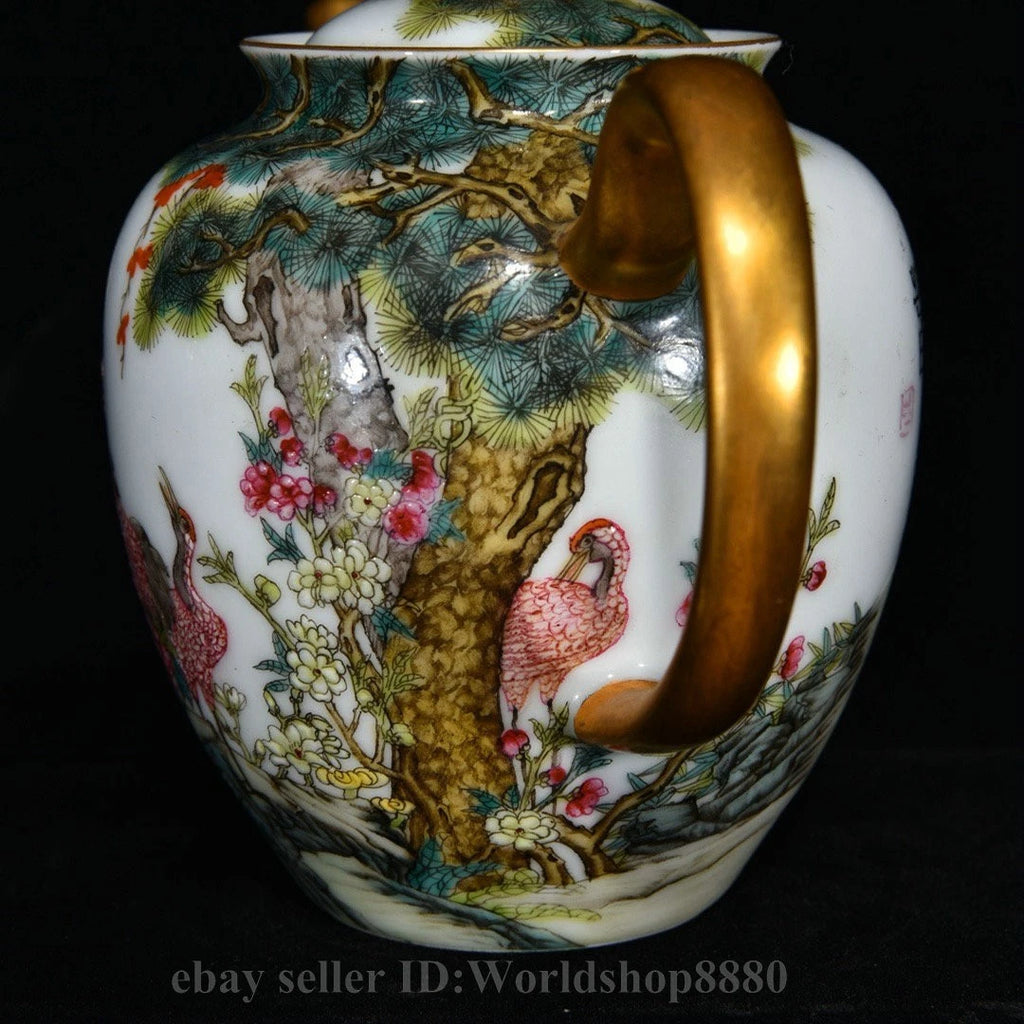 6.4"Yongzheng Marked Enamel Porcelain Gilt Flower Birds Tree Pattern Wine Teapot