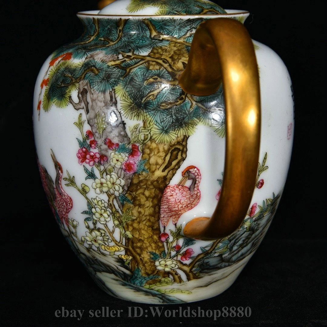 6.4"Yongzheng Marked Enamel Porcelain Gilt Flower Birds Tree Pattern Wine Teapot