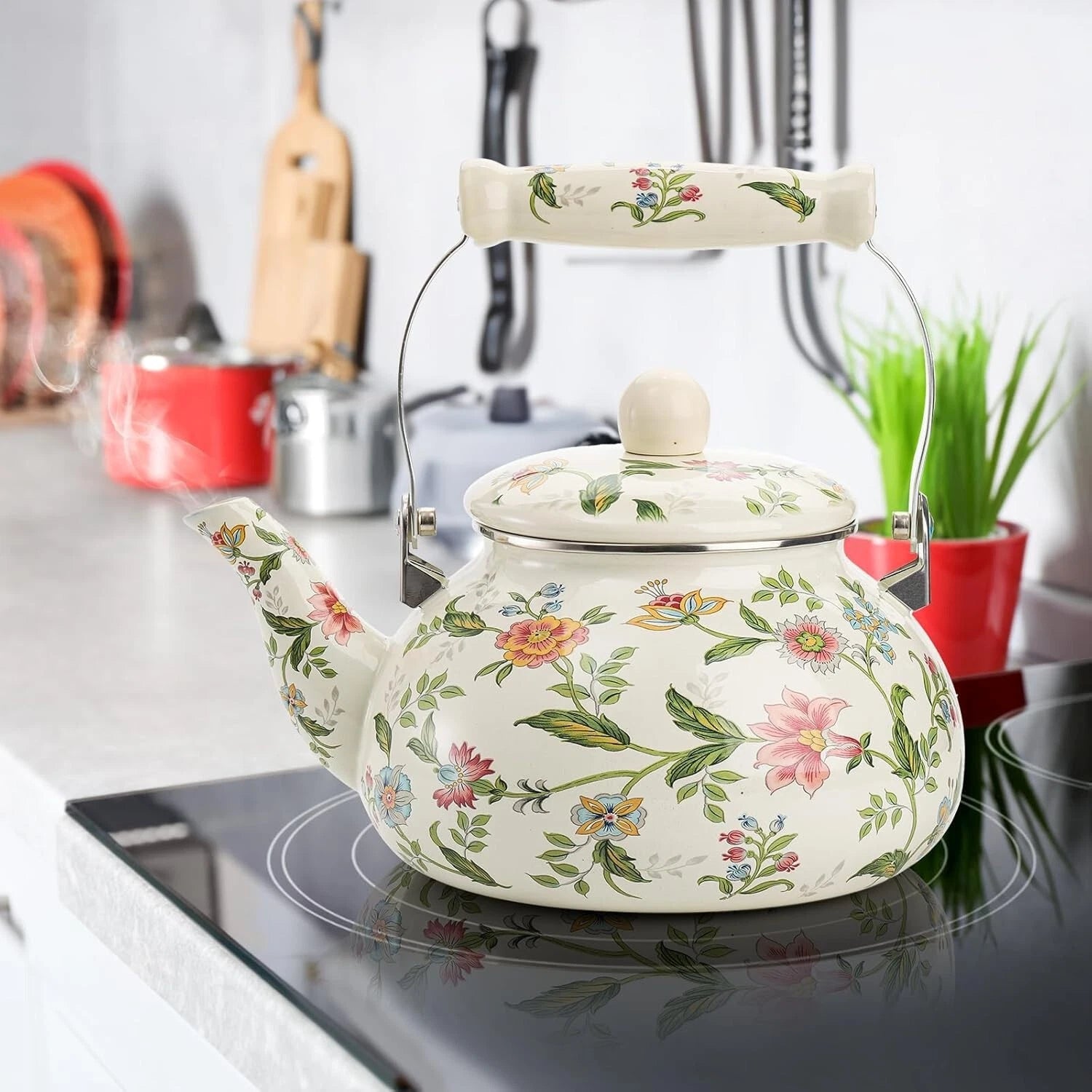 2.6 Quart Vintage Enamel Tea Kettle, Green Floral Enamel on Steel Teapot with Co