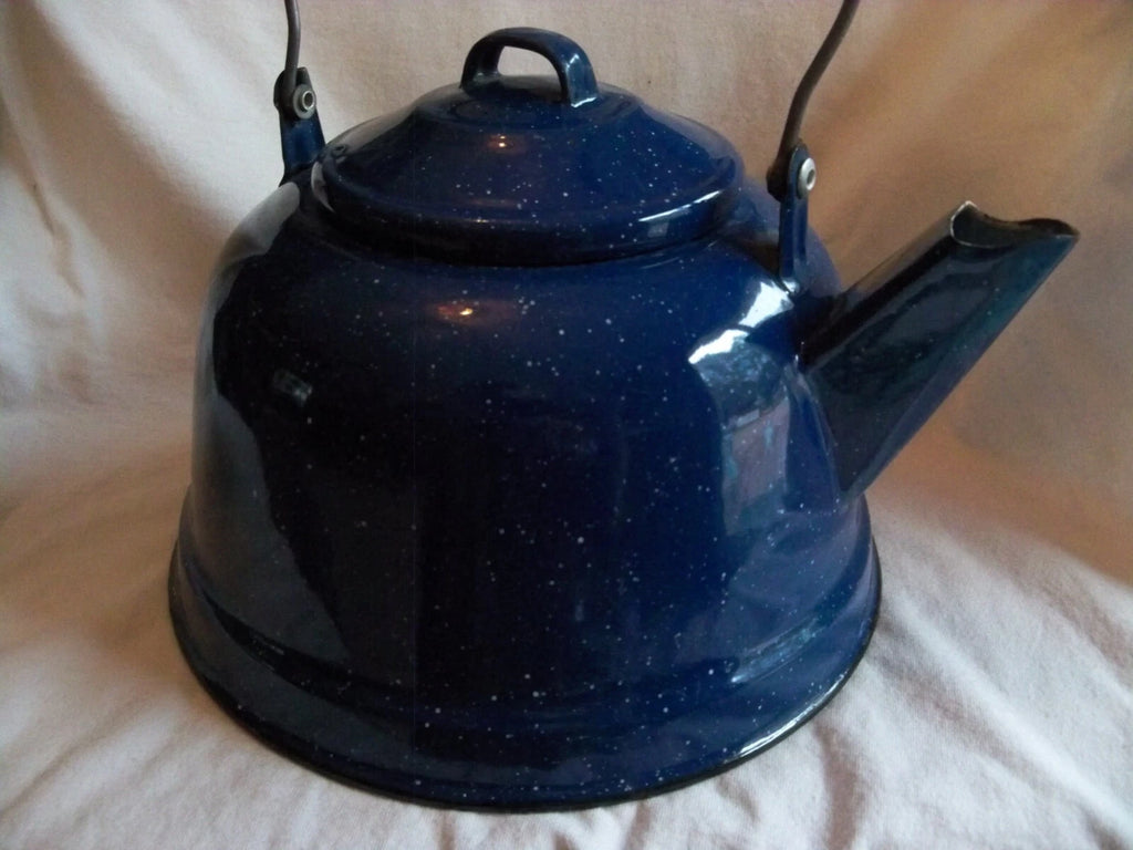 Vtg Blue White Speckled Enamelware Teapot kettle, wire wrap handle, from auction