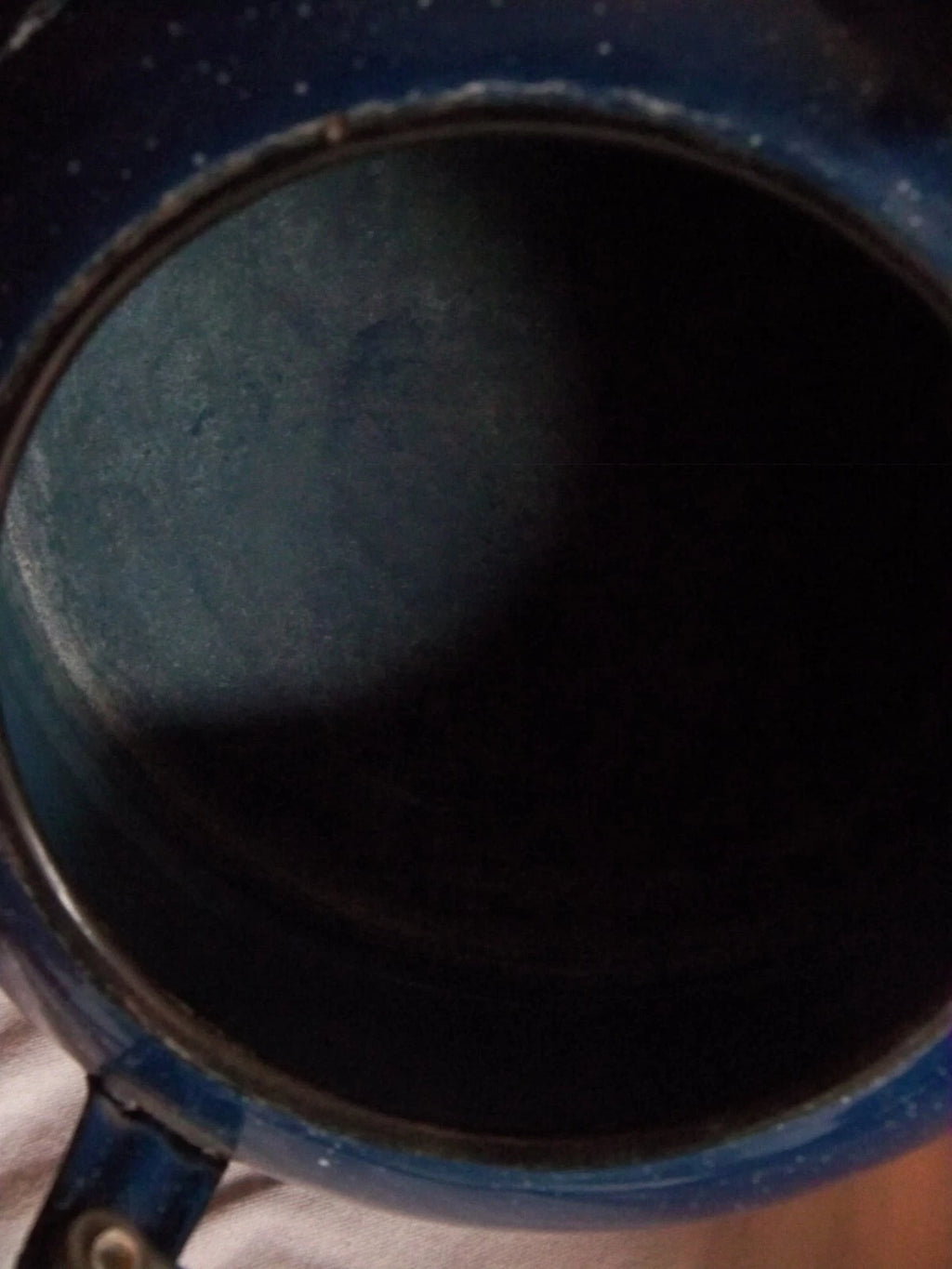 Vtg Blue White Speckled Enamelware Teapot kettle, wire wrap handle, from auction