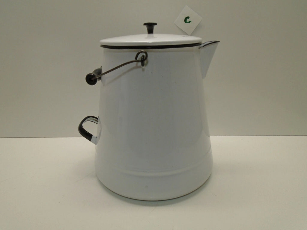Vintage White Enamel Enamelware Cowboy Kettle/Coffee Tea Pot 12" Tall Lid  # C