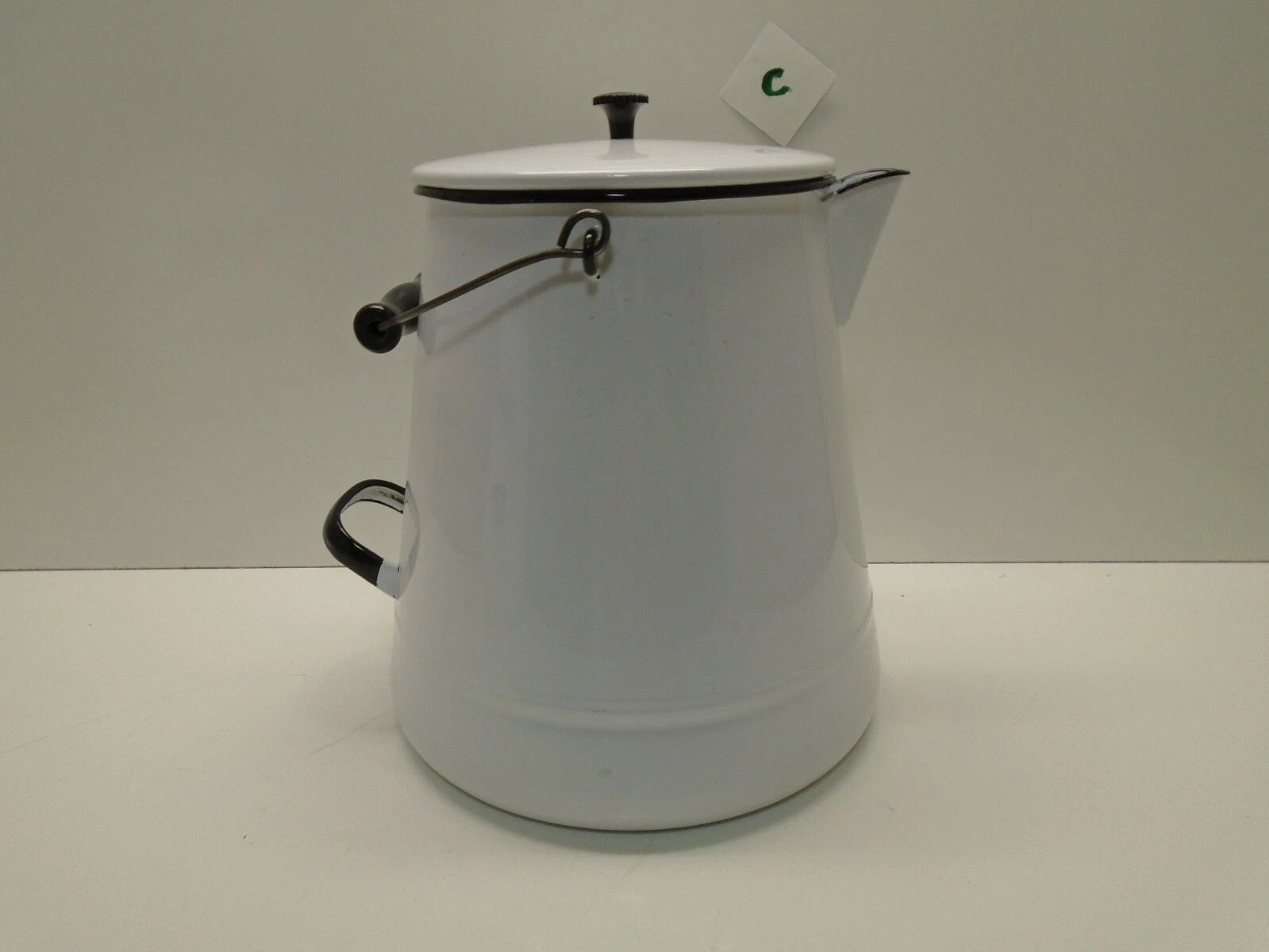 Vintage White Enamel Enamelware Cowboy Kettle/Coffee Tea Pot 12" Tall Lid  # C