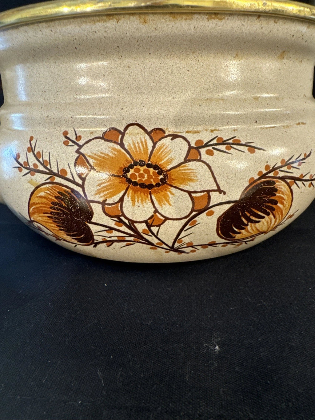 Vtg 80s ASTA Enamelware Tea Kettle Teapot Floral w/ Wood Brass Handle Germany