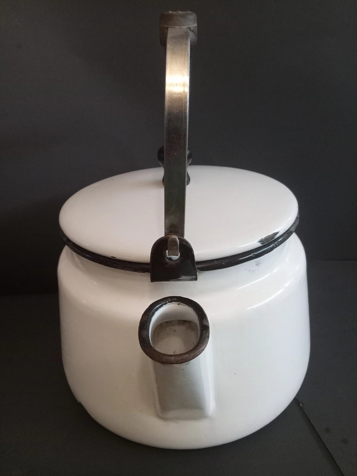 Vintage White Enamelware Tea Kettle Teapot/ Black Trim
