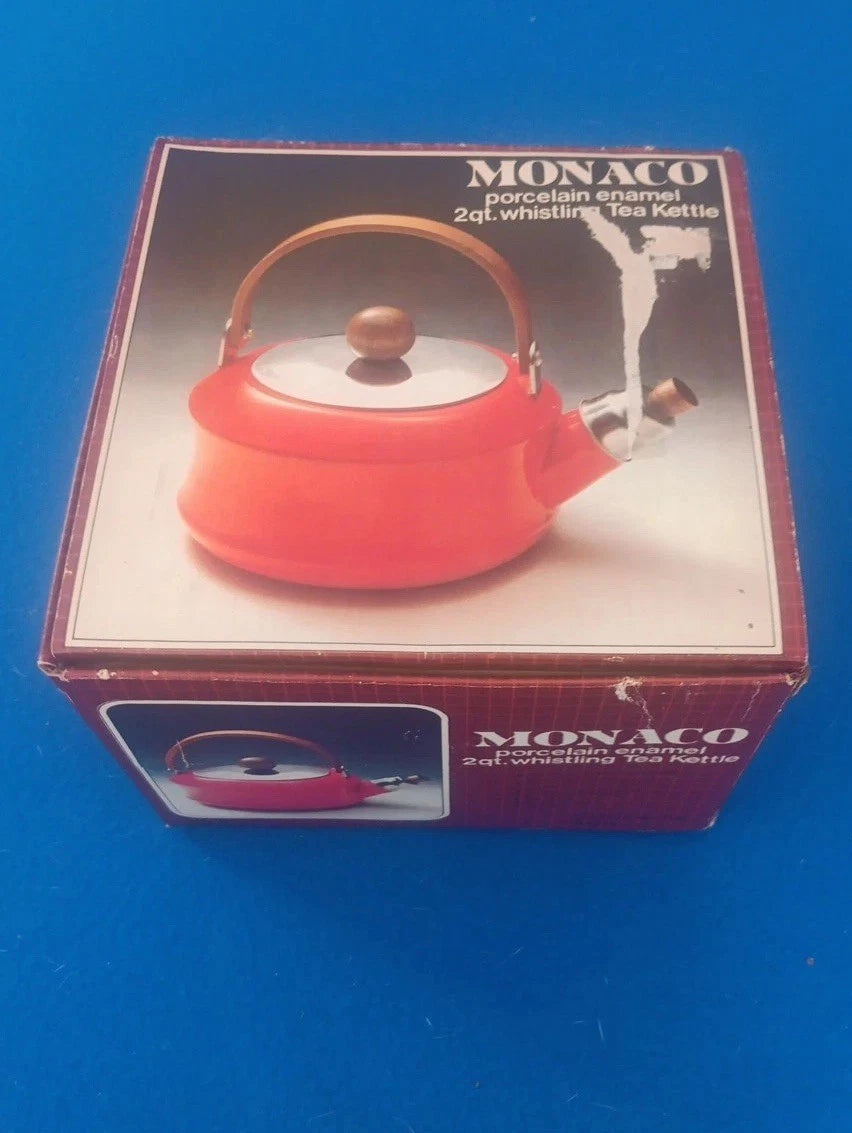 Retro Monaco Porcelain Enamel 2qt Whistling Red Tea Kettle  Vntg 1983 New In Box