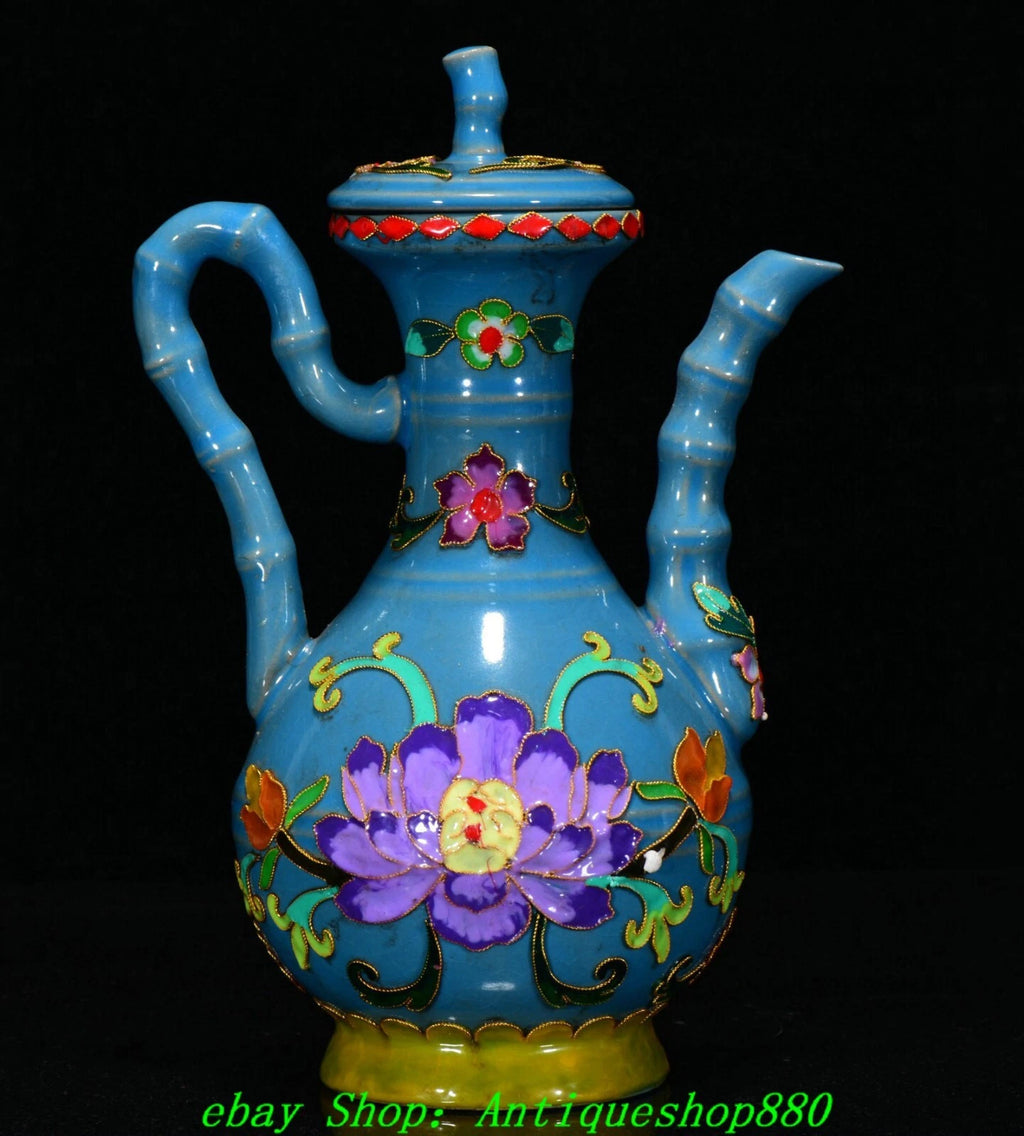 Old Dynasty Ru Kiln Porcelain Cloisonne Enamel Filigree Flower Teapot Teakettle
