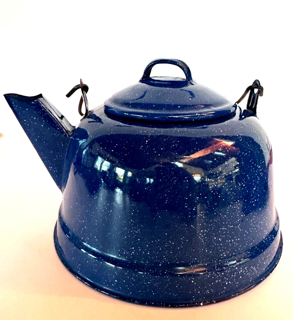 Vtg Blue w-White Speckled Enamelware Teapot Kettle w-Wire Wrap Coil Handle