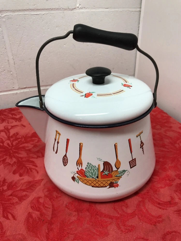 White Enameled 12 C Floral Coffee/Tea Pot Wire & Wood Black Handle  & Knob