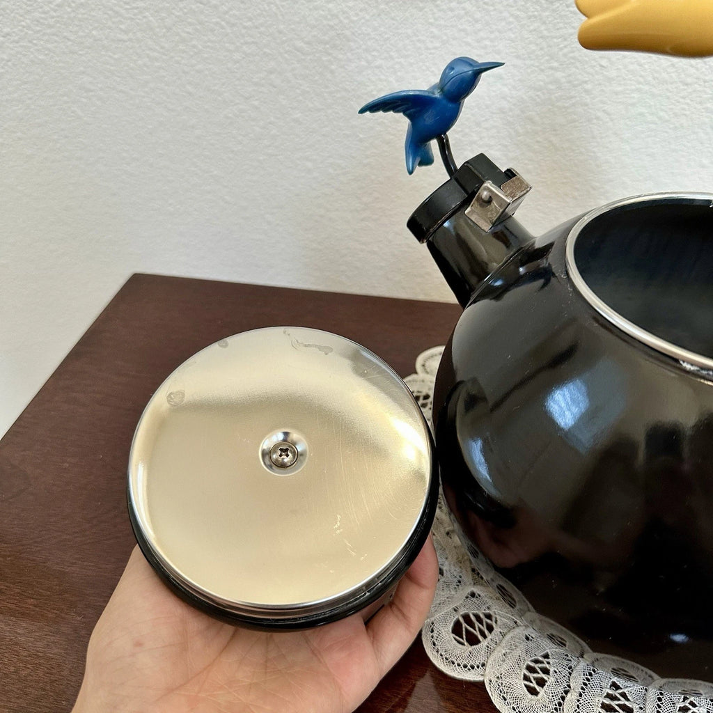 Vintage Ancona RARE Black Enamel Whistling Tea Kettle Tulip & Hummingbird 90s | eBay