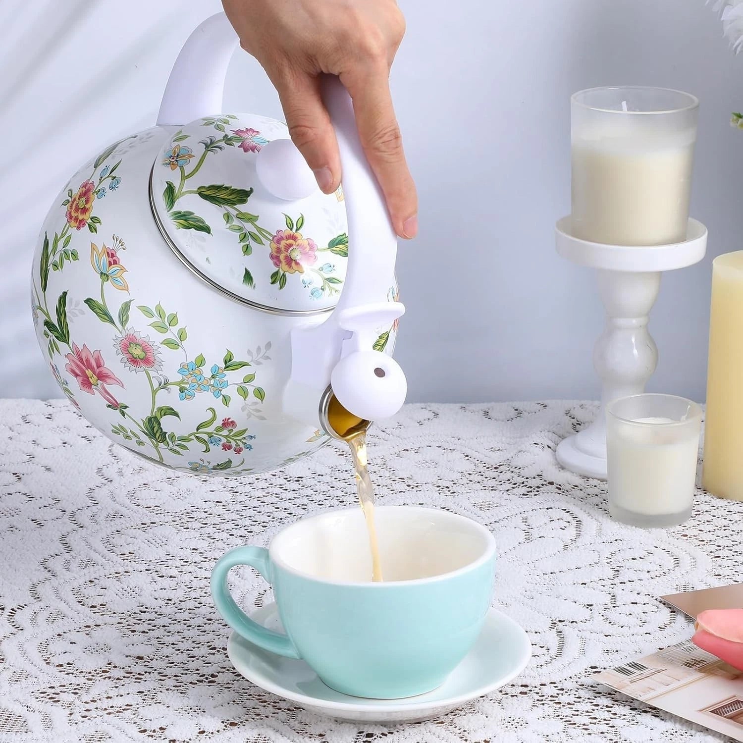 2.3Qt Vintage Enamel Whistling Tea Kettle, Floral Teapot for Stove Top