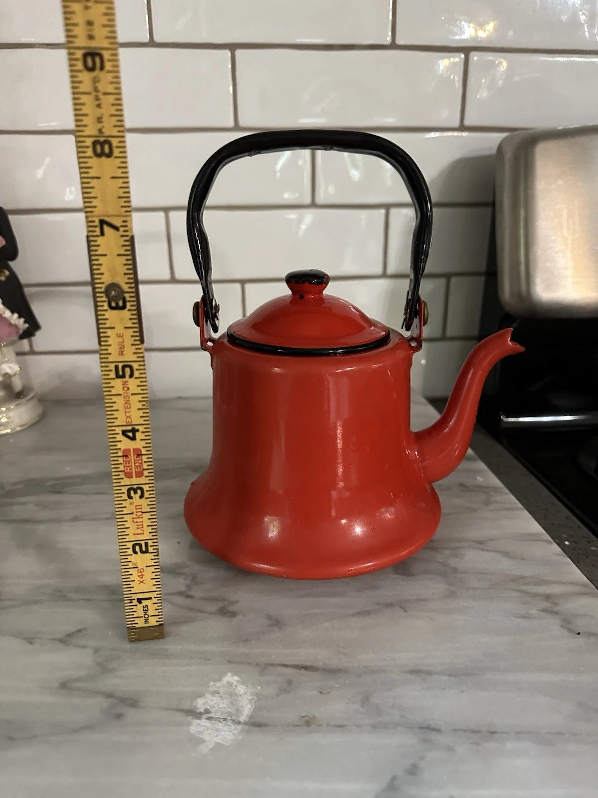 Vintage MCM Red Baked Enamel Tea Kettle with Black Handle Tea Pot Japan Rustic