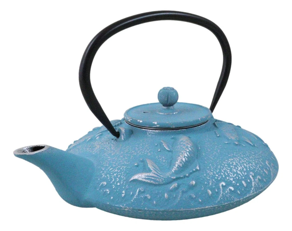 Turquoise Blue Auspicious Koi Fishes Cast Iron Tetsubin Teapot With Enamel Liner | eBay
