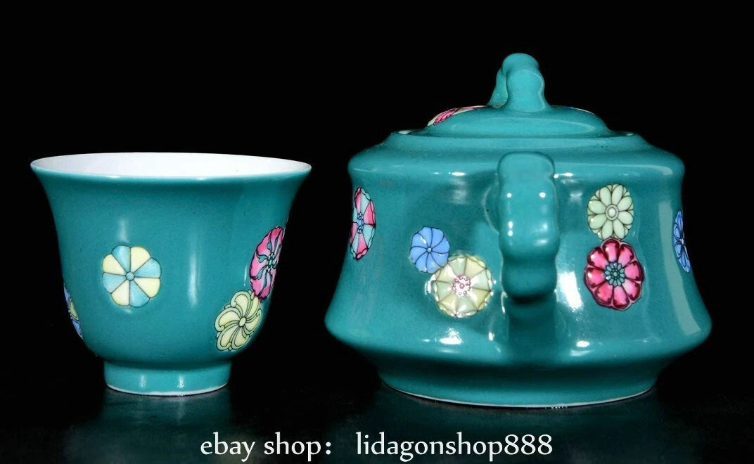 10.3" Yongzheng Marked Enamel Blue Porcelain Flower Pattern Teapot Cup Plate Set | eBay